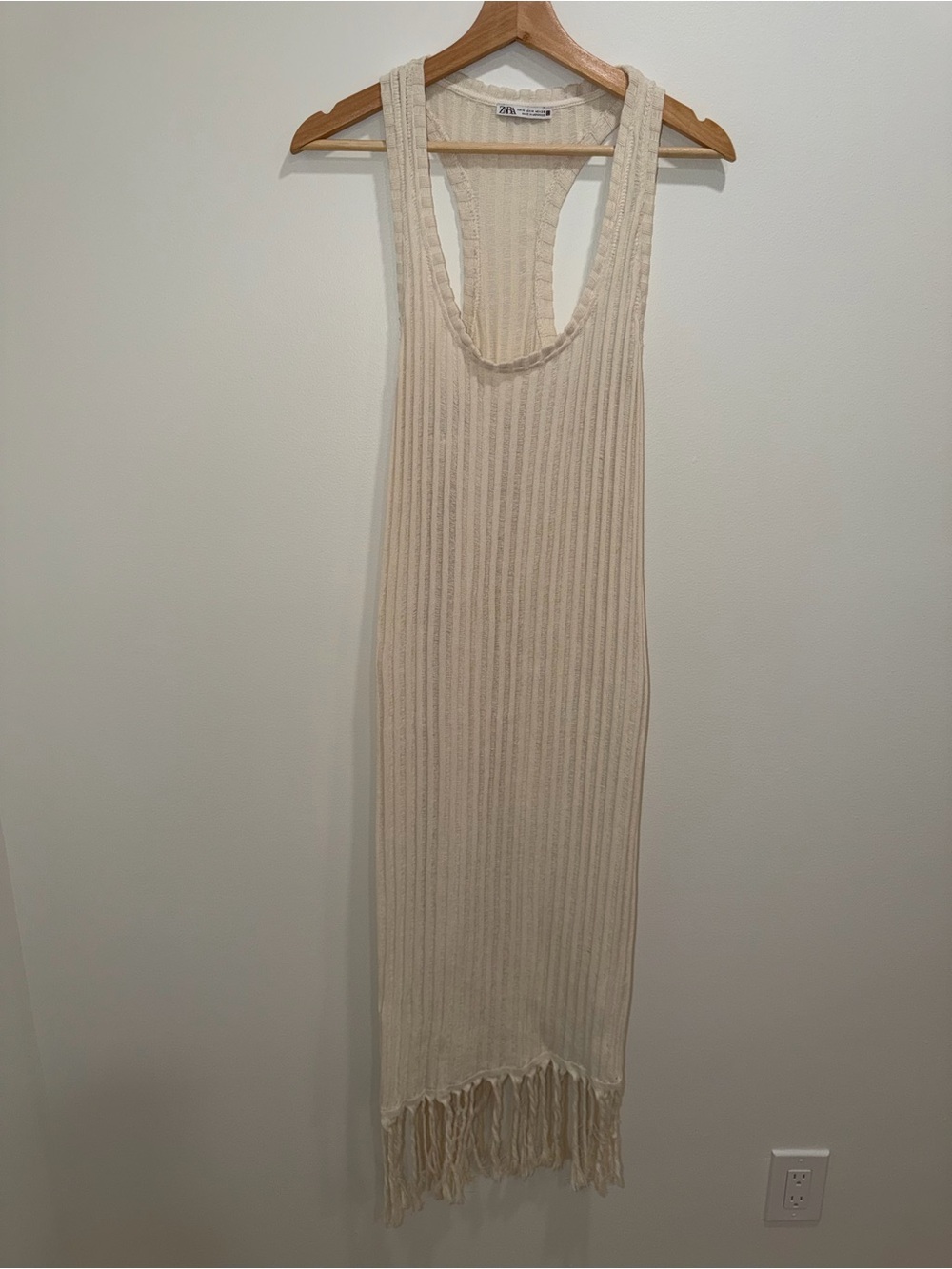 Zara Sleeveless Ribbed Fringe Knit Dress in Cream